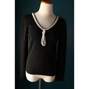 Pink Poodle Brand S Black Knit V Neck Long Sleeve Rockabilly Pin Up Pearl Bow